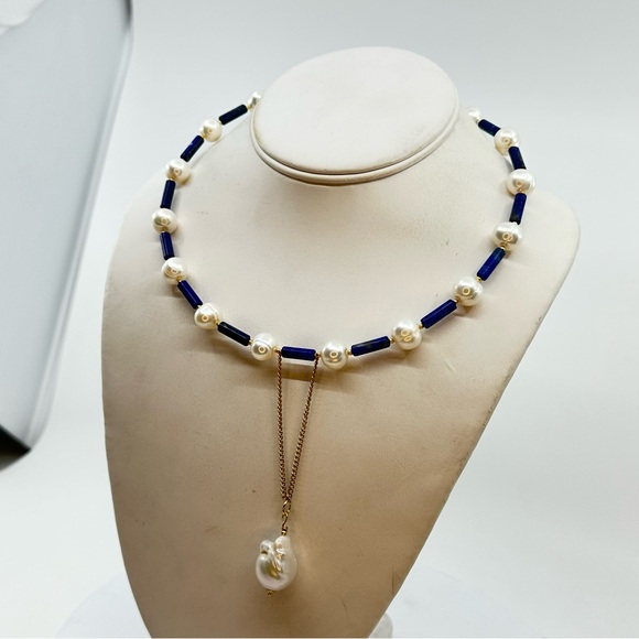 C106 New Handmade Natural Freshwater Pearl and Lapis Lazuli Choker - Picture 5 of 14